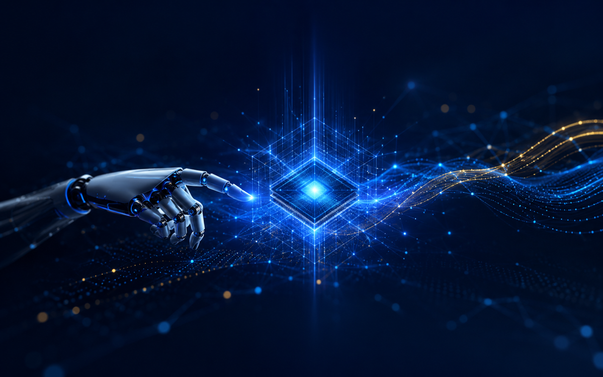 Artificial intelligence visual with robotic hand and futuristic digital network